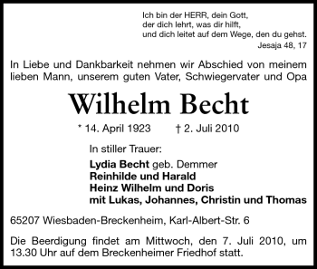 Traueranzeige von Wilhelm Becht von Echo-Zeitungen (Gesamtausgabe)