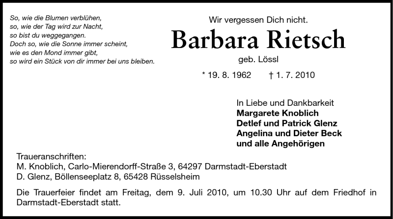  Traueranzeige für Margarete Knoblich vom 07.07.2010 aus Darmstädter Echo, Odenwälder Echo, Rüsselsheimer Echo, Groß-Gerauer-Echo, Ried Echo