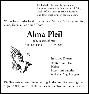 Traueranzeige von Alma Pleil von Echo-Zeitungen (Gesamtausgabe)