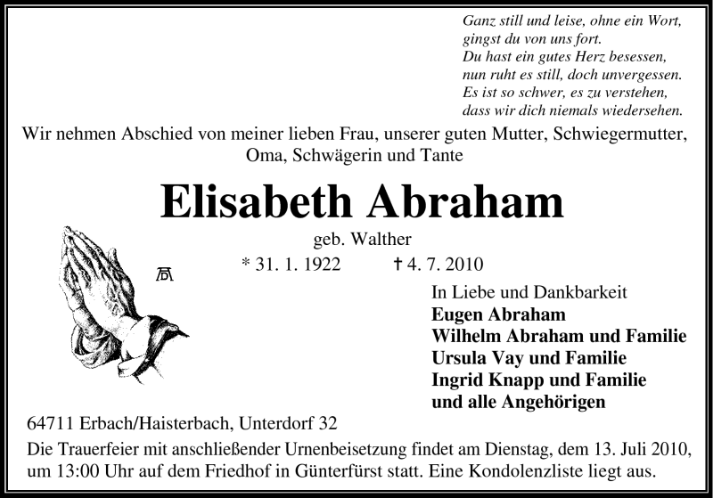  Traueranzeige für Elisabeth Abraham vom 08.07.2010 aus Odenwälder Echo