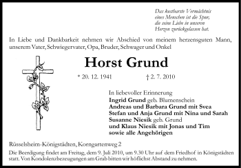 Traueranzeige von Horst Grund von Rüsselsheimer Echo, Groß-Gerauer-Echo, Ried Echo