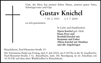 Traueranzeige von Gustav Knichel von Rüsselsheimer Echo, Groß-Gerauer-Echo, Ried Echo