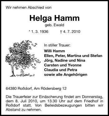 Traueranzeige von Helga Hamm von Darmstädter Echo, Odenwälder Echo, Rüsselsheimer Echo, Groß-Gerauer-Echo, Ried Echo