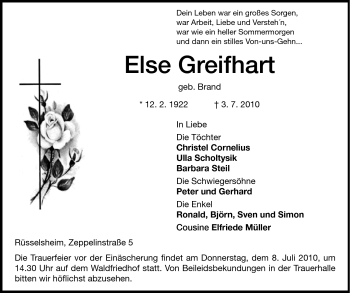 Traueranzeige von Else Greifhart von Rüsselsheimer Echo, Groß-Gerauer-Echo, Ried Echo