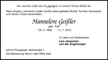 Traueranzeige von Hannelore Geißler von Darmstädter Echo, Odenwälder Echo, Rüsselsheimer Echo, Groß-Gerauer-Echo, Ried Echo