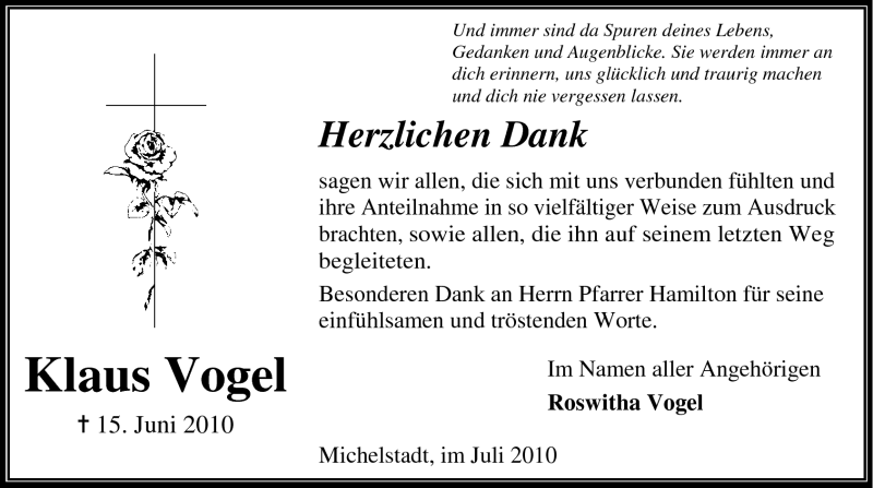  Traueranzeige für Klaus Vogel vom 10.07.2010 aus Odenwälder Echo