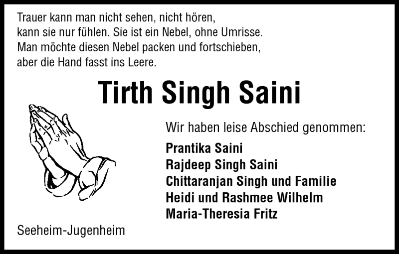  Traueranzeige für Tirth Singh Saini vom 10.07.2010 aus Echo-Zeitungen (Gesamtausgabe)