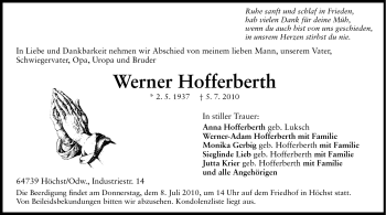 Traueranzeige von Werner Hofferberth von Odenwälder Echo