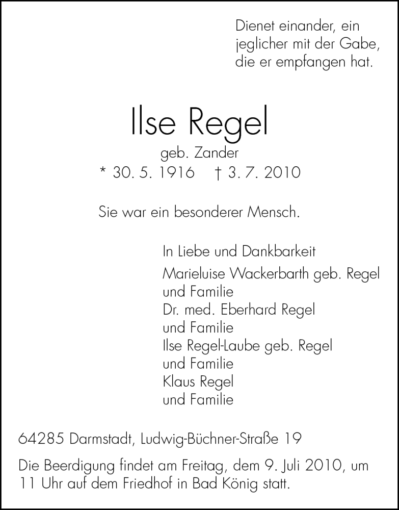  Traueranzeige für Ilse Regel vom 07.07.2010 aus Darmstädter Echo, Odenwälder Echo, Rüsselsheimer Echo, Groß-Gerauer-Echo, Ried Echo