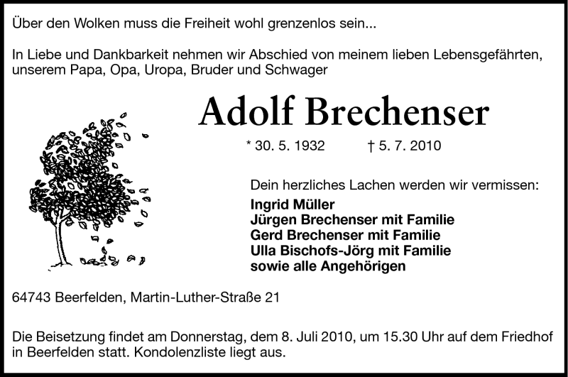  Traueranzeige für Adolf Brechenser vom 07.07.2010 aus Odenwälder Echo