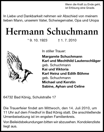 Traueranzeige von Hermann Schuchmann von Odenwälder Echo