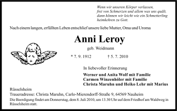 Traueranzeige von Anni Leroy von Rüsselsheimer Echo, Groß-Gerauer-Echo, Ried Echo