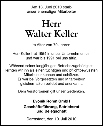 Traueranzeige von Walther Keller von Echo-Zeitungen (Gesamtausgabe)