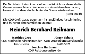 Traueranzeige von Heinrich Bernhard Keilmann von Rüsselsheimer Echo, Groß-Gerauer-Echo, Ried Echo