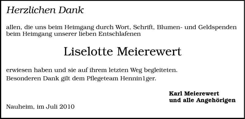  Traueranzeige für Liselotte Meierwert vom 10.07.2010 aus Rüsselsheimer Echo, Groß-Gerauer-Echo, Ried Echo