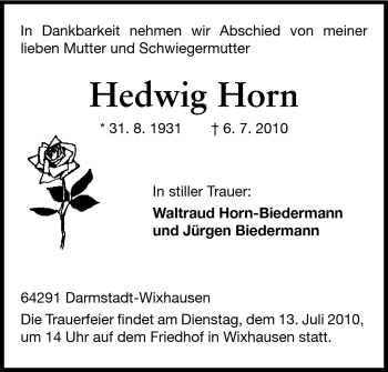 Traueranzeige von Hedwig Horn von Darmstädter Echo, Odenwälder Echo, Rüsselsheimer Echo, Groß-Gerauer-Echo, Ried Echo