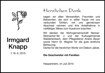Traueranzeige von Irmgard Knapp von Starkenburger Echo