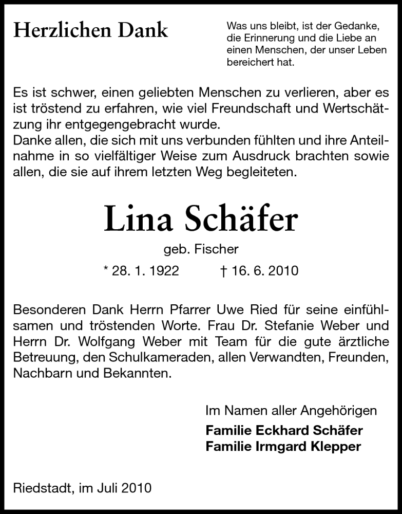  Traueranzeige für Lina Schäfer vom 10.07.2010 aus Rüsselsheimer Echo, Groß-Gerauer-Echo, Ried Echo