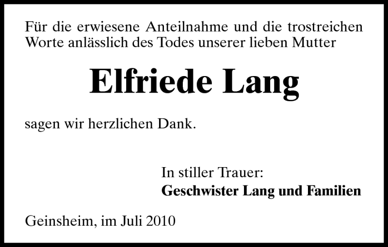  Traueranzeige für Elfriede Lang vom 09.07.2010 aus Rüsselsheimer Echo, Groß-Gerauer-Echo, Ried Echo