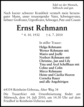 Traueranzeige von Ernst Rehmann von Darmstädter Echo, Odenwälder Echo, Rüsselsheimer Echo, Groß-Gerauer-Echo, Ried Echo