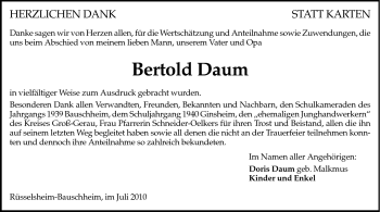Traueranzeige von Bertold Daum von Rüsselsheimer Echo, Groß-Gerauer-Echo, Ried Echo