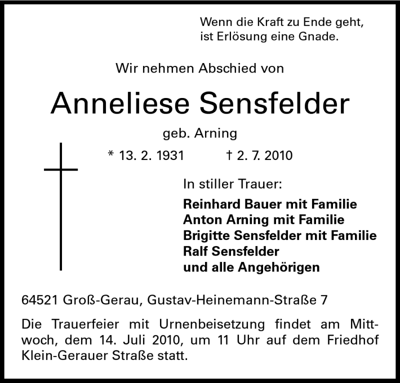  Traueranzeige für Anneliese Sensfelder vom 10.07.2010 aus Rüsselsheimer Echo, Groß-Gerauer-Echo, Ried Echo