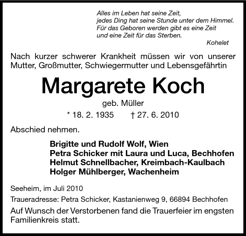  Traueranzeige für Margarete Koch vom 10.07.2010 aus Echo-Zeitungen (Gesamtausgabe)