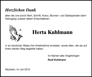 Traueranzeige von Herta Kuhlmann von Rüsselsheimer Echo, Groß-Gerauer-Echo, Ried Echo