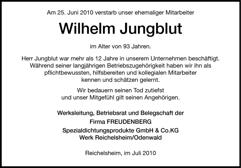  Traueranzeige für Wilhelm Jungblut vom 10.07.2010 aus Odenwälder Echo