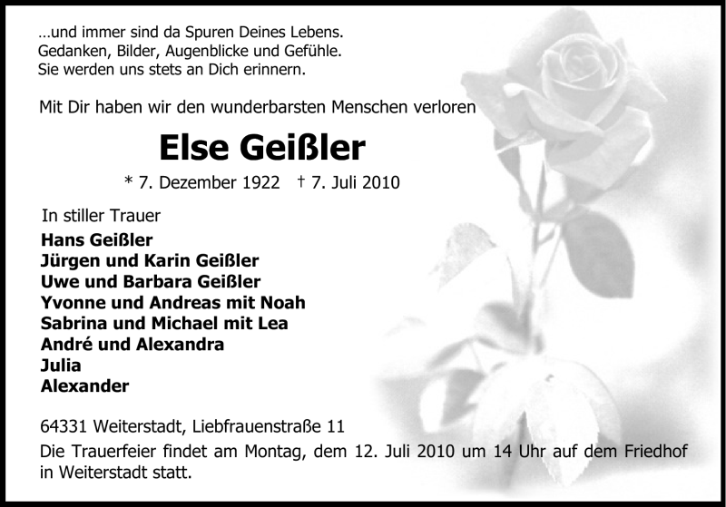  Traueranzeige für Else Geißler vom 09.07.2010 aus Echo-Zeitungen (Gesamtausgabe)