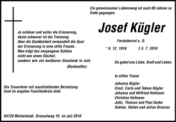 Traueranzeige von Josef Kügler von Odenwälder Echo