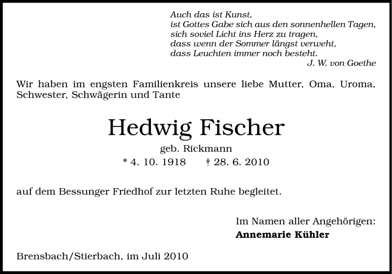 Traueranzeige für Hedwig Fischer vom 10.07.2010 aus Echo-Zeitungen (Gesamtausgabe)