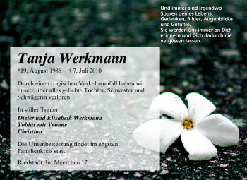 Traueranzeige von Tanja Werkmann von Rüsselsheimer Echo, Groß-Gerauer-Echo, Ried Echo