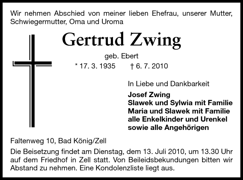  Traueranzeige für Gertrud Zwing vom 10.07.2010 aus Odenwälder Echo