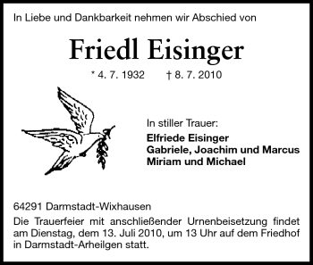 Traueranzeige von Friedl Eisinger von Darmstädter Echo, Odenwälder Echo, Rüsselsheimer Echo, Groß-Gerauer-Echo, Ried Echo
