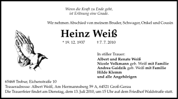 Traueranzeige von Heinz Weiß von Rüsselsheimer Echo, Groß-Gerauer-Echo, Ried Echo