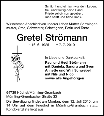 Traueranzeige von Gretel Strömann von Darmstädter Echo, Odenwälder Echo, Rüsselsheimer Echo, Groß-Gerauer-Echo, Ried Echo