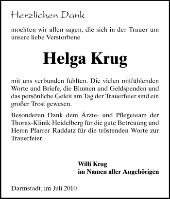 Traueranzeige von Helga Krug von Darmstädter Echo, Odenwälder Echo, Rüsselsheimer Echo, Groß-Gerauer-Echo, Ried Echo