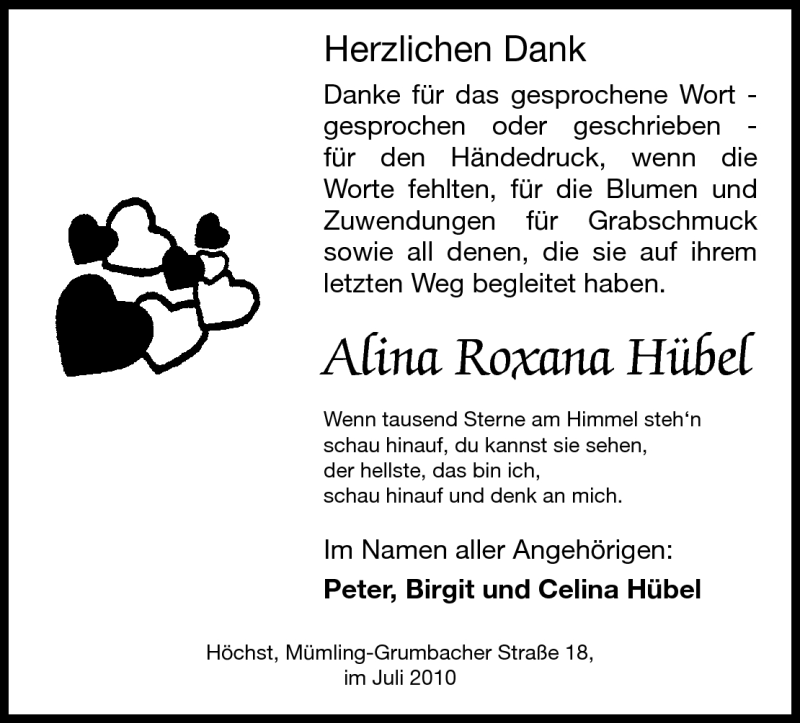  Traueranzeige für Alina Roxana Hübel vom 10.07.2010 aus Odenwälder Echo