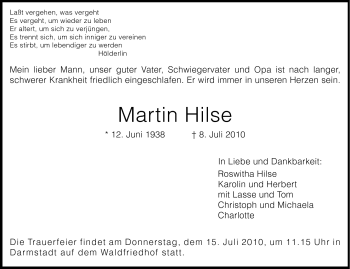 Traueranzeige von Martin Hilse von Echo-Zeitungen (Gesamtausgabe)