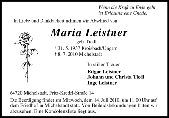 Traueranzeige von Maria Leistner von Odenwälder Echo