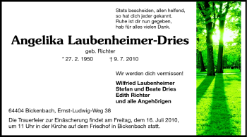 Traueranzeige von Angelika Laubenheimer-Dries von Echo-Zeitungen (Gesamtausgabe)