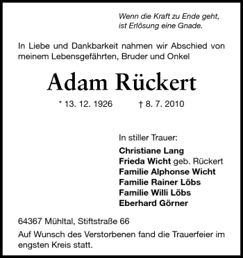 Traueranzeige von Adam Rückert von Darmstädter Echo, Odenwälder Echo, Rüsselsheimer Echo, Groß-Gerauer-Echo, Ried Echo