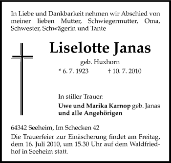 Traueranzeige von Liselotte Janas von Echo-Zeitungen (Gesamtausgabe)