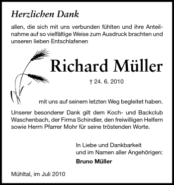 Traueranzeige von Richard Müller von Darmstädter Echo, Odenwälder Echo, Rüsselsheimer Echo, Groß-Gerauer-Echo, Ried Echo