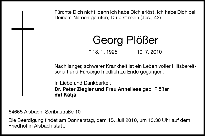  Traueranzeige für Georg Plößer vom 13.07.2010 aus Echo-Zeitungen (Gesamtausgabe)