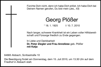 Traueranzeige von Georg Plößer von Echo-Zeitungen (Gesamtausgabe)
