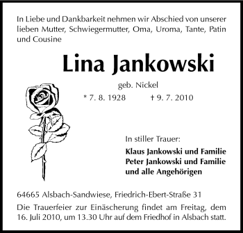 Traueranzeige von Lina Jankowski von Echo-Zeitungen (Gesamtausgabe)