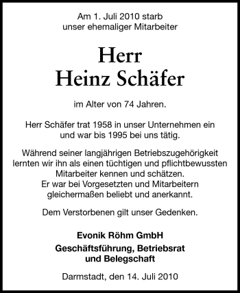 Traueranzeige von Heinz Schäfer von Echo-Zeitungen (Gesamtausgabe)
