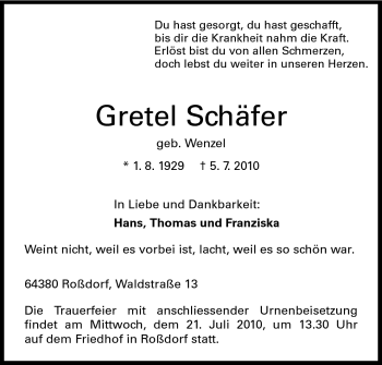 Traueranzeige von Gretel Schäfer von Echo-Zeitungen (Gesamtausgabe)